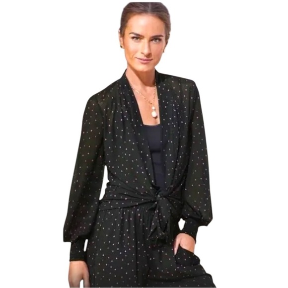 CAbi Impetuous Topper Black Pink Polka Dot Sheer Mesh Long Sleeve Womens Size L - Picture 3 of 11